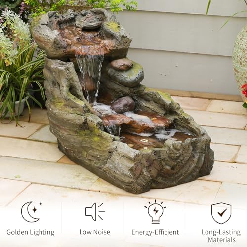 32.5" L Garden Outdoor Water Fountain, Floor Standing Cascading Realistic Tree Trunk Natural Waterfall Outdoor Fountains with LED Lights for Patio, Porch, Home Art Decor - Image 4