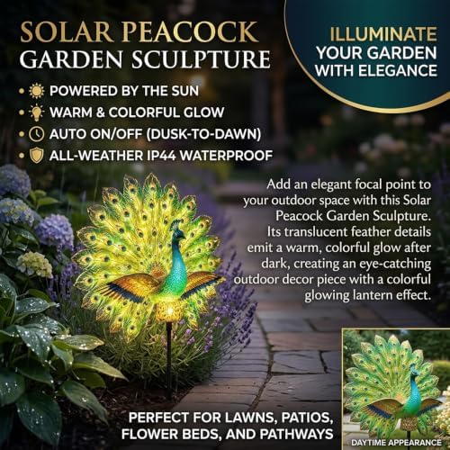 Solar Peacock Garden Sculpture Outdoor Decor Light，2pcs - Image 2