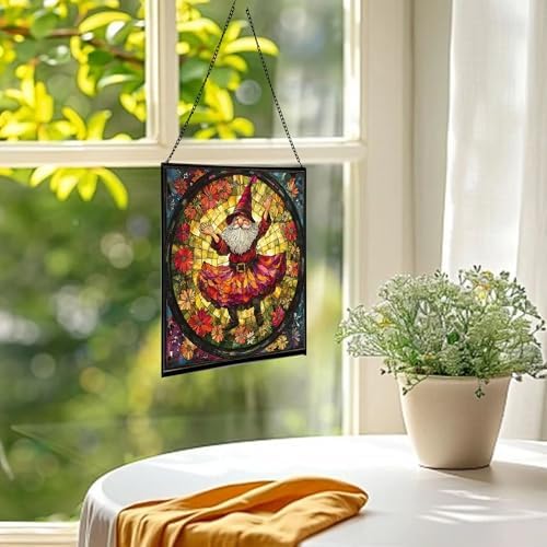 Petal Skirt Gnome Dance Stained Glass Suncatcher – Square Hanging Window Panel for Home or Greenhouse – Whimsical Glass Art Gift for Garden Lovers, Christmas, Halloween, Father Days RKJjbe - Image 3