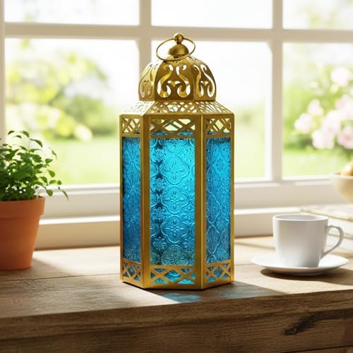 Vela Lanterns 12" Metal Moroccan Decorative Candle Lantern Holders for Hanging or Table, Indoor Home Decor, Outdoor Patio or Porch, Weddings, Gold, Blue Glass, Large - Image 3