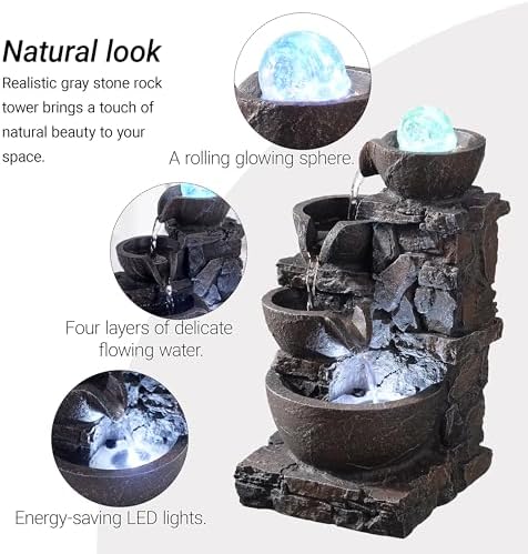 Indoor Tabletop Fountain with 4-Tier Stone Bowls, Rolling Crystal Ball & LED Lights – Tranquil Waterfall Decor for Home, Office or Zen Space (23066) - Image 3