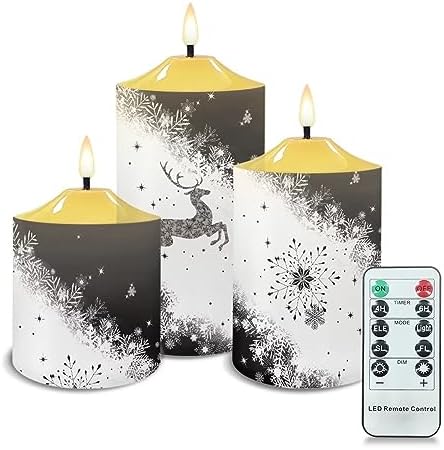 Cozeyat 3 Pieces Flameless Candles with Remote Control, Flickering Romantic Realistic Wax Pillar Tealights, Christmas Snowflake ELK Pattern Flameless Bullet Floating Candles for Christmas by Cozeyat