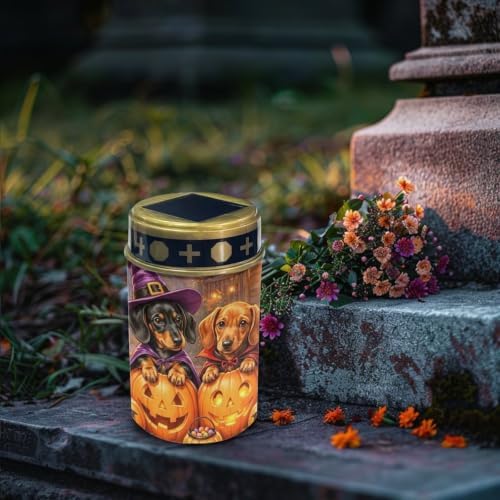 Poceacles Halloween Decor Solar Lights Outdoor Solar Powered Cemetery Stake Lights Grave Lamp Landscape Lighting Waterproof Grave Flameless Candles, Dachshund Dog Pumpkin, Pack of 2 - Image 3