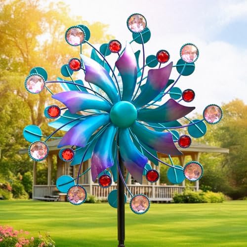 360°Solar Wind Spinner with Lights Blue Metal Garden Outdoor Decor Yard Lawn Art Decor for Patio Kinetic Windmills Unique Gifts for Friends and Family 60.63'' H x 13.38'' Dia by MXwcy