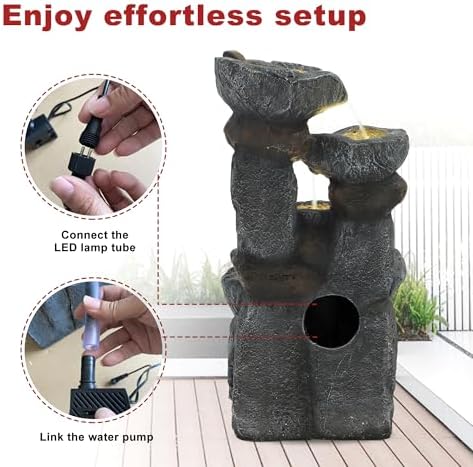 6-Tiers Cascading Outdoor Water Fountain with 6 LED Lights, Garden Fountain with Waterfalls for Home Garden, Patio, Porch and Backyard Art Decor, Natural Stone, Soothing Sound, Gray - Image 6