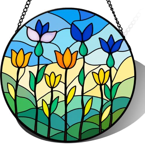 9.84 Inch Stained Glass Suncatcher Colorful Flower Garden Window Hanging Art Glass Decor Unique Gift for Mom Grandma Her Birthday Housewarming Spring Home Wall Ornament by Unknown