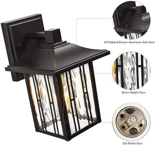 Outdoor Wall Lights Exterior, Front Porch Lights, Wall Sconce Wall Mount, Waterproof Wall Lantern with Water Ripple Glass, Black Lighting Fixtures for Garage, Patio House-2 Packs - Image 2
