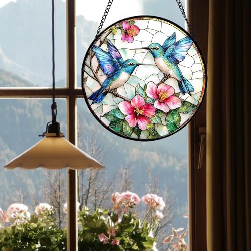 Stained Glass Window Hanging - Blue White Hummingbirds Pink Flowers Suncatcher for Door Terrace Garden Home Decor Bird Sun Catcher Birthday Gifts for Lovers Women Men Dad Mom Nana 9.8 in - Image 4