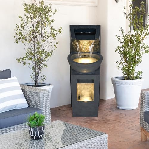 Alpine Corporation 41" Tall Outdoor Basin Waterfall Floor Fountain with LED Lights for Garden, Patio, Lawn and Backyard Decor, Gray by Unknown