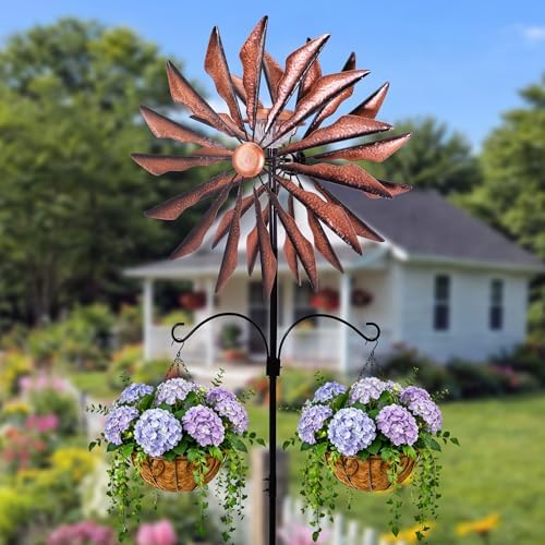 95 Inch Large Wind Spinner Outdoor Metal Garden Stake with Dual Hanging Hooks, Solar Powered Windmill Spinner for Yard & Patio, Heavy Duty Rustproof Kinetic Yard Art with Stable Ground Stake by Unknown