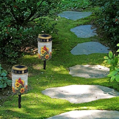 Poceacles Cardinal Sunflower Wood Grain Solar Lights Outdoor Solar Powered Outdoor Cemetery Stake Candle Grave Solar Lamp Landscape Lighting Waterproof Grave Flameless Candle, Pack of 4 - Image 4