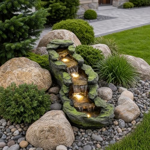 Rock Waterfall Fountain with LED Light, Resin Outdoor Garden Water Feature - Image 7