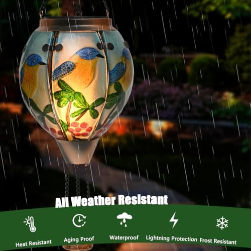 Hot Air Balloon Solar Lantern - Bluebird Glass Lantern, Simulated Flickering & Dancing Flame, Outdoor Hanging Yard Light Waterproof IP65 for Patio Lawn Porch Decor Gift - Image 4