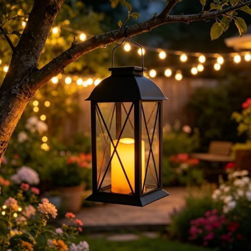 Solar Lanterns Outdoor Waterproof 2 Pack Black Hanging Lights with Candles - Image 2