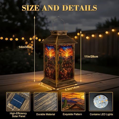 Solar Lantern Outdoor Waterproof Desert Landscape Rustic House Cactus Stained Glass Art Style Garden Decor LED Hanging Solar Lights Tabletop Lamp Gifts for Women Mom Outside Yard Patio Porch - Image 2