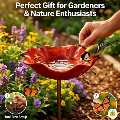 Handmade Metal Flower Garden Stake, 2 in 1 Detachable Outdoor Bird Bath & Pollinator Water Station, Weatherproof Bee Butterfly Drinking Bowl, Colorful Yard Lawn Art Decor Ornament (4, Green) - Image 4