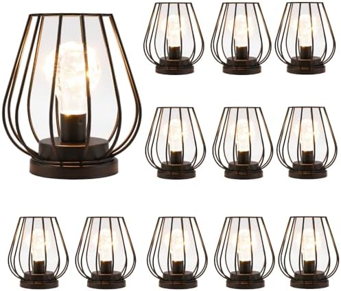 TRIROCKS Set of 12 Metal Battery Operated Lamp 7'' Tall mini Cage Shape Cordless Table Lamp Battery Lanterns with Warm Fairy Lights Bulb for Patio Garden Wedding Parties Indoor Outdoor(Black) by TRIROCKS