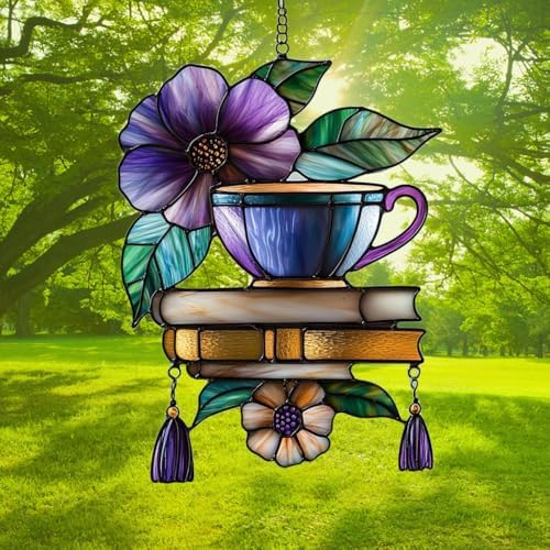 Hibiscus Tea Cup and Books Acrylic Suncatcher - Image 3