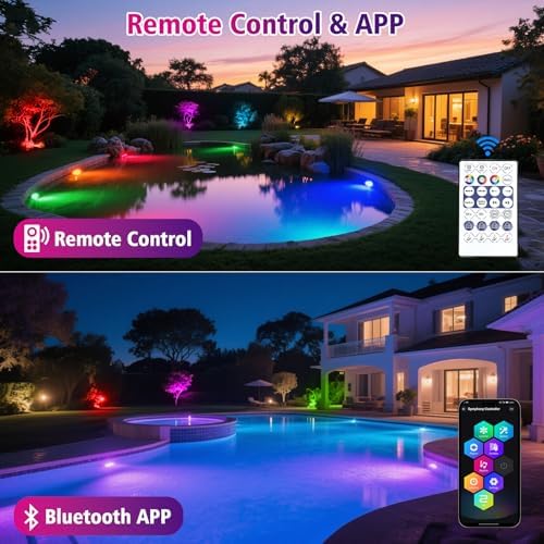 T-SUN Color Changing Pond Lights, 4 Lightheads with Bluetooth APP Control - Image 3