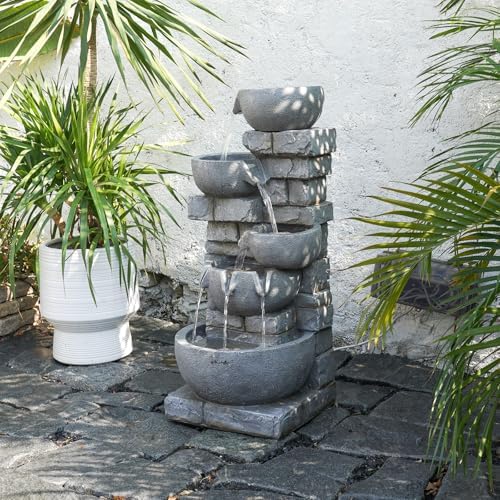 33.07'' H Cascading Bowl Water Fountain 5-Tier Stacked Stone Style - Image 6