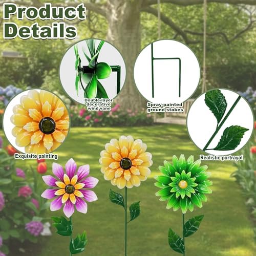 3 Pack Metal Flower Wind Spinner 18in Garden Stake Kinetic Yard Art - Image 3