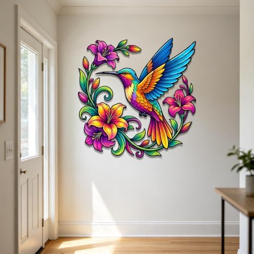 Hummingbird Metal Sign Floral Wall Art Colorful Bird Plaque Rustic Iron Decor for Garden Patio Porch Living Room Indoor Outdoor Hanging Ornament (24 INCH) - Image 5