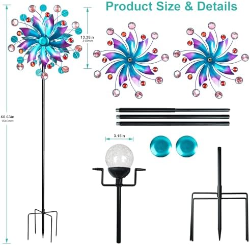 360°Solar Wind Spinner with Lights Blue Metal Garden Outdoor Decor Yard Lawn Art Decor for Patio Kinetic Windmills Unique Gifts for Friends and Family 60.63'' H x 13.38'' Dia - Image 4