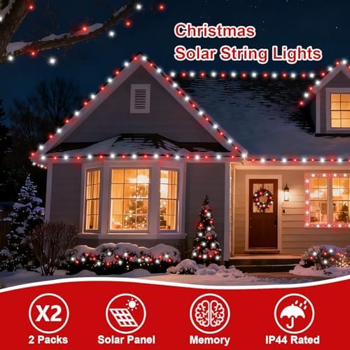 QITONG 2 Pack Red and White Solar String Lights, Each 66ft 200 LED Solar Christmas Lights Outdoor Waterproof, 8 Modes Solar Twinkle Light for Outside - Image 4