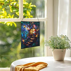 Gnome Reading in Treehouse Stained Glass Suncatcher – Square Hanging Window Panel for Home or Greenhouse – Whimsical Glass Art Gift for Garden Lovers, Christmas, Halloween, Father Days Nmi7V5 - Image 3