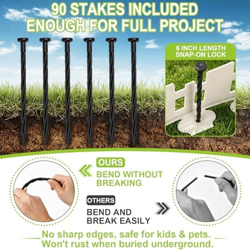 50FT Garden Edging Border, 4.5in White Picket Fence, 90 Flexible Stakes - Image 5