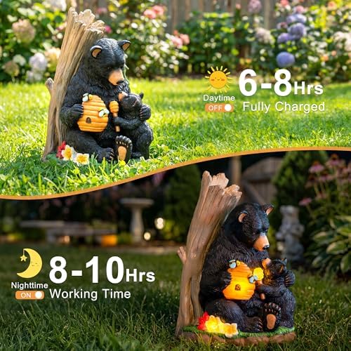 C&Y&G&X Solar Bear Garden Statue Lights, Black Bear & Cub Outdoor Resin Yard Decor for Patio Porch Lawn, Solar Garden Figurine with Light-Up Beehive, Housewarming Gifts for Garden Lovers - Image 2