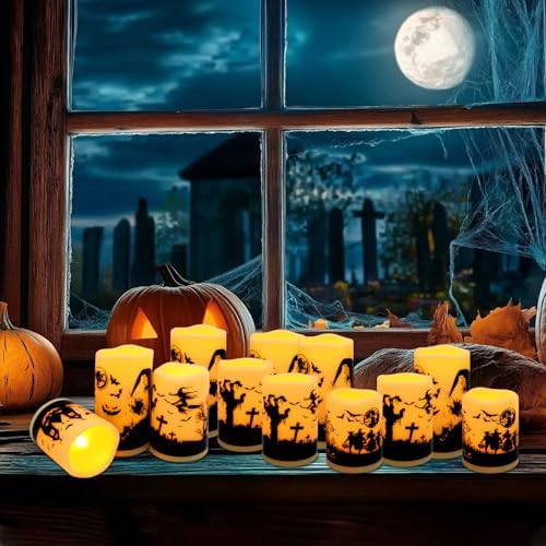 fclayvts 12-Pack Halloween LED Flameless Pillar Candles - Battery Operated with Remote & Timer, Flickering Warm Light, Witch/Bats/Castle Decals - Spooky Halloween Decor, Ghost Party Supplies, Gifts - Image 4