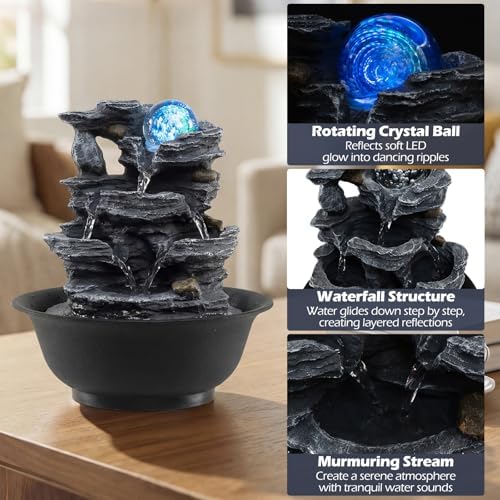 Giantex Tabletop Water Fountain with Rotating Crystal Ball & LED Lights, Tiered Rock Waterfall with Pump, Zen Meditation Desktop Decor for Office, Home Relaxation (Layered Bowl Cascade) - Image 4