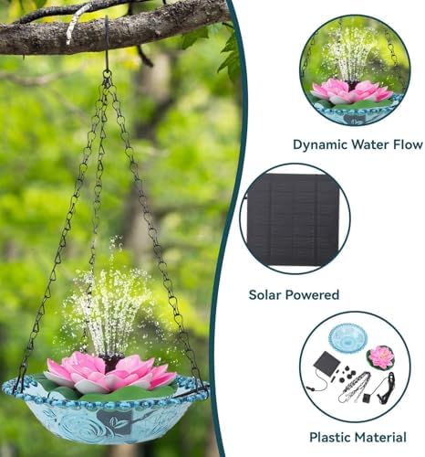 Hanging Bird Bath with Solar Fountain, Multi Functional Lotus Bird Bath Bubbler Birdbath Water Fountain Pump for Hummingbird Feeder Drinking - Image 5