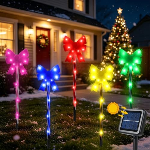 Solar 5PCS Christmas Bow 50LED Outdoor String Lights with Stakes Multicolor by FairyGlimStringLights
