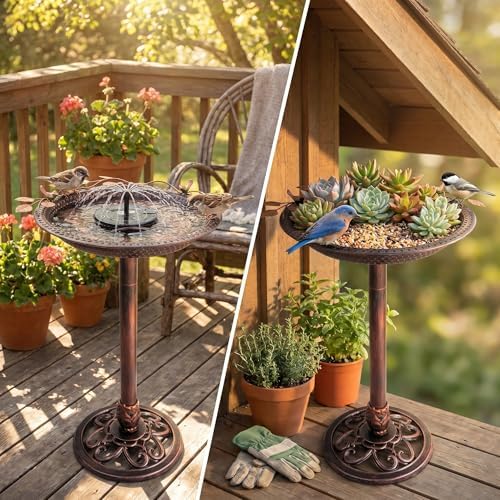 Metal Bird Bath with Solar Fountain Pump & LED Lights, 34" Tall Iron Birdbath for Outdoors, Heavy Duty Cast Iron Pedestal Bird Bath for Garden Yard Patio Lawn Deck, Bronze Finish - Image 3