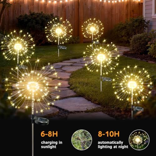 FOOING Solar Fireworks Lights for Outside Waterproof Solar Lights Outdoor, 8 Packs 130 LED Twinkling Fairy Firefly Starburst Light with 2 Modes DIY for Yard, Lawn, Pathway, Patio, Garden Decor - Image 3