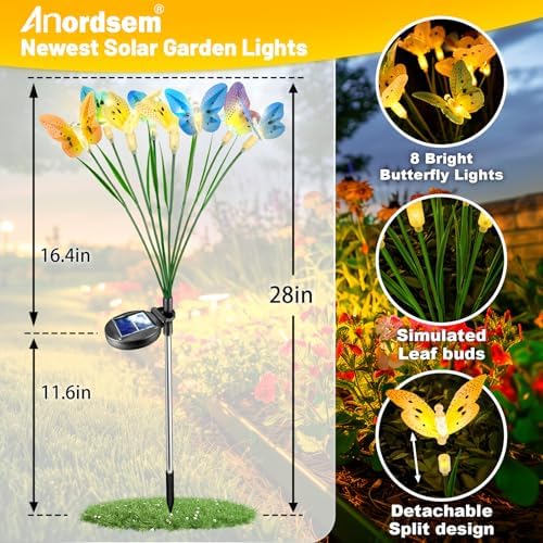 Anordsem Solar Garden Lights Outdoor: 32 Removable Fiber Optic Fabric Butterflies 4 Pack - Waterproof Fun Animal Decoration for Yard Patio - Gardening Gifts for Garden Lovers - Image 3