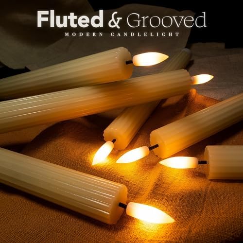 12 Pack, 10" LED Flameless Ivory Fluted Ribbed Grooved Taper Candles with 2 Remotes & 24h Timer Memory, On/Off Button, Dimmable, Flicker Mode, Battery Operated, Christmas Menorah Wedding - Image 2