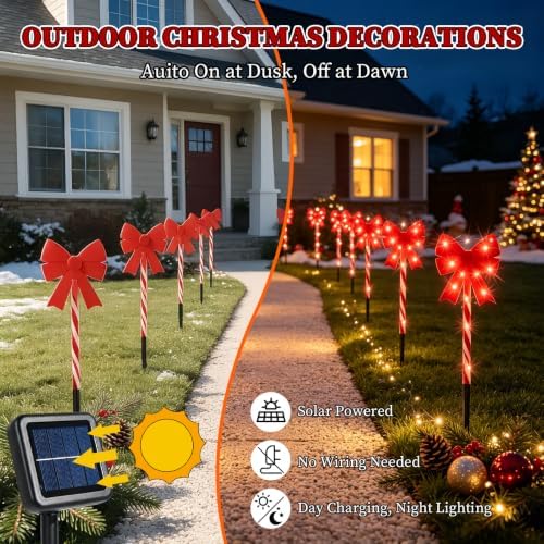 Solar 5PCS Christmas Bow Outdoor String Lights with Stakes Decor Red - Image 2