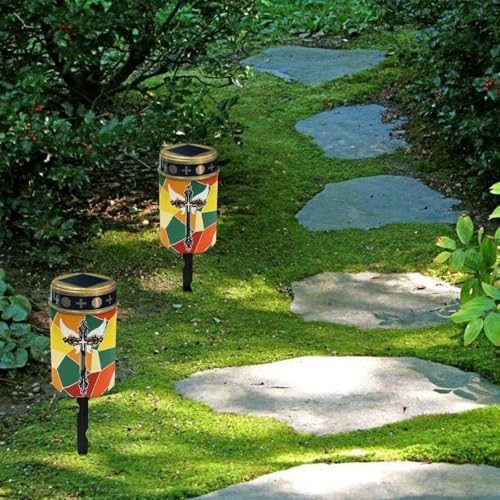Poceacles Cross Outdoor Lights Solar Powered Flameless Candle Cemetery Votive Candles Waterproof Outdoor Memorial Candle Solar Stake Lights for Grave Cemetery, Gothic Wings Cross Colorful, Pack of 4 - Image 4
