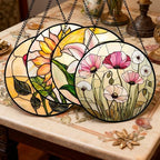Stained Glass Window Hanging 4 Pcs Set Lily Rose Sunflower Poppy 7.8" - Flower Suncatcher Door Garden Sun Catcher Decor Birthday Mother's Day for Wife Woman Nana Girl - Image 2