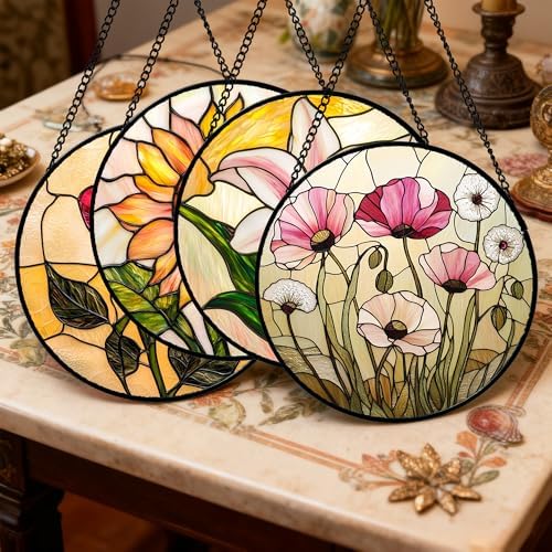 Stained Glass Window Hanging 4 Pcs Set Lily Rose Sunflower Poppy 9.8" - Flower Suncatcher Door Garden Sun Catcher Decor Birthday Mother's Day for Wife Woman Nana Girl - Image 2