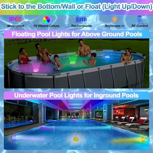 Pool Lights for Above Ground Inground Pool, Underwater Rechargeable Submersible LED Lights with Remote, IP68 Waterproof, Pool Light for Hot Tub, Shower, Vase, Fountain, Aquarium, Bath, Party, 4 Pack - Image 3