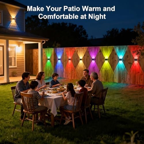 Solar Fence Lights Outdoor Waterproof LED, New Up Down Glow Wall lights Solar Powered with 8 Modes 6 Color Changing Warm White & RGB Cycling, Solar Patio Light for Backyard Railing Deck Decor-12 Pack - Image 6