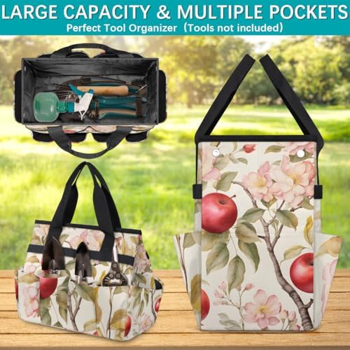 Apples Flowers Garden Tool Bag Tote for Men Women Multiple Pockets Wide Mouth Heavy Duty Waterproof Tool Organizer Bag for Outdoor Lawn Yard Portable Gardening Storage With Elasticbands - Image 3