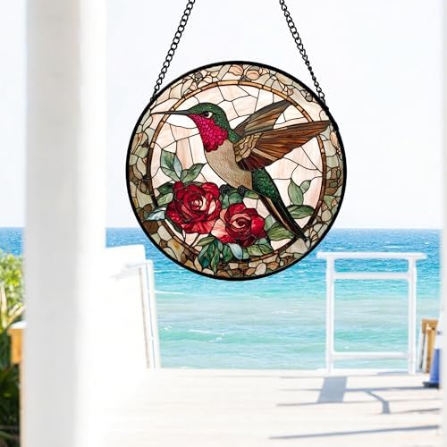 CHATYOUNG Stained Glass Window Hanging Flower Hummingbird Retro Large 15" - Bird Suncatcher Door Garden Home Decor Christmas Mother's Day Birthday Gift for Grandma Women Mom Nana Wife Bird Lovers - Image 5