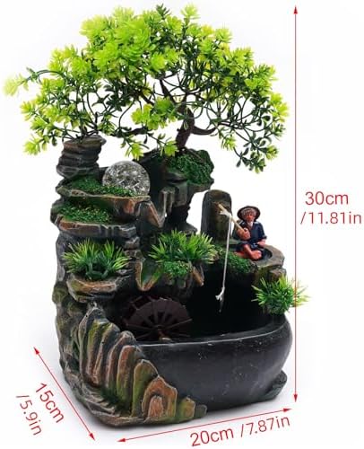 Tabletop Fountain Rockery Waterfall, Desktop Miniature Rockery Crafts with Plants Stones LED Lamp for Home Office and Bedroom Study Room - Image 4
