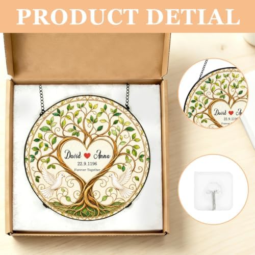 Personalized Anniversary Stained Glass Suncatcher, Tree of Life Couple Window Hanging Decor, Custom Anniversary Wedding Gift for Wife Husband Couple Keepsakes Love Birds Home Decor Bride Groom 11.81" - Image 4
