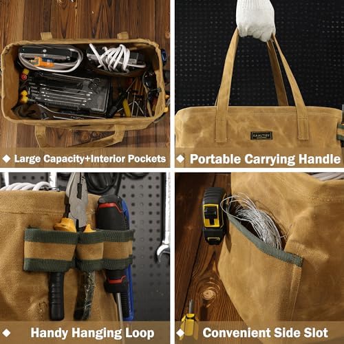 Open Top Tool Bag, Heavy Duty 16oz Waxed Canvas Tool Bag with Inside Pockets & Sturdy Handles - for Gardner Carpenter Craftsman - Tool Tote Bag Pouch | 15"Lx7"Wx10"H | Khaki - Image 5